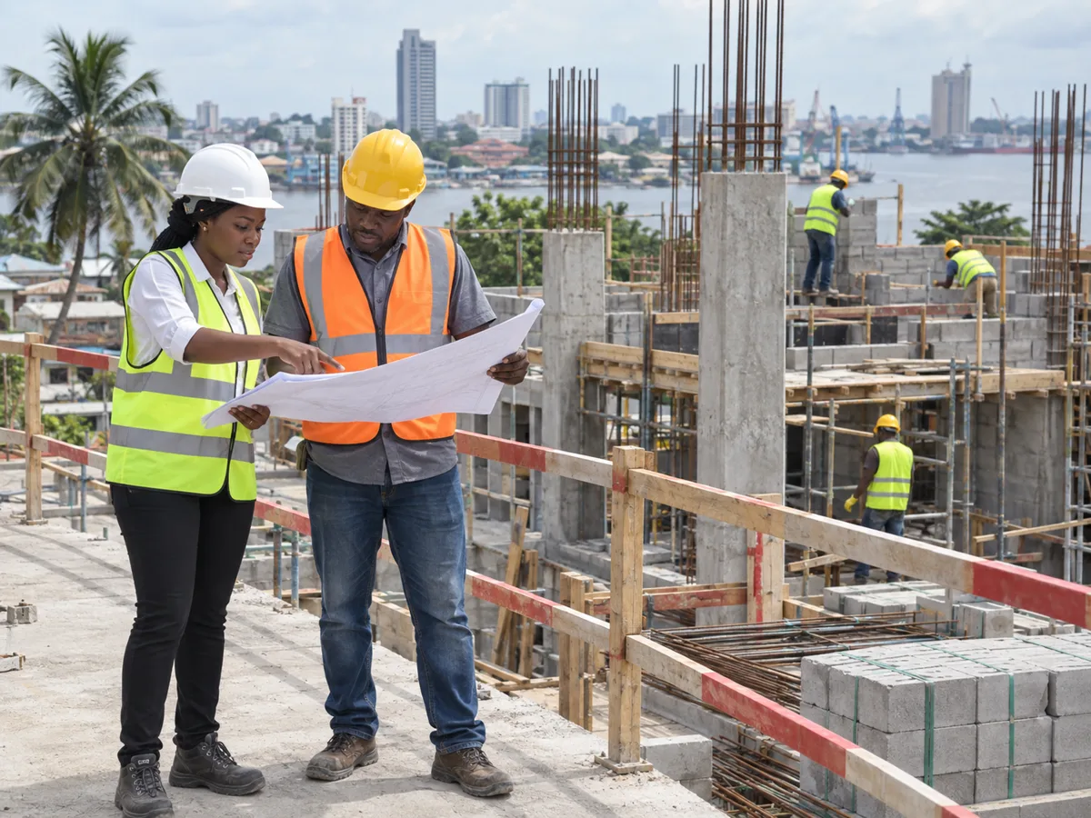 Architecte et chef de chantier examinant un plan sur un chantier sécurisé