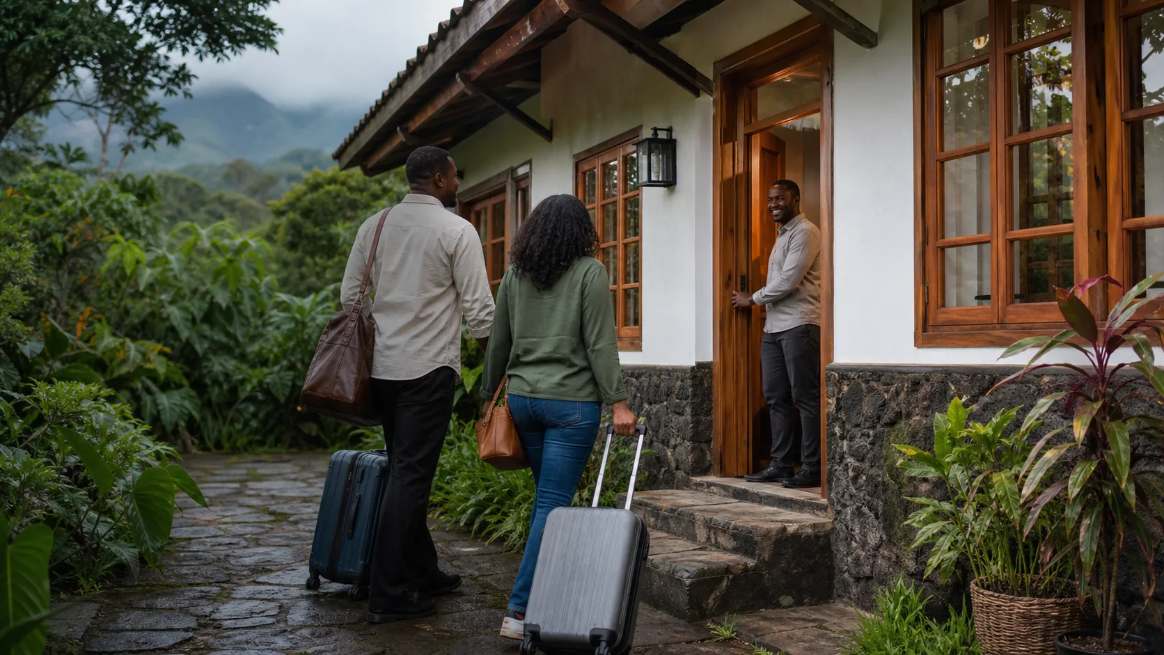 Guests arriving through the garden at Canopy Lodge near Buea
