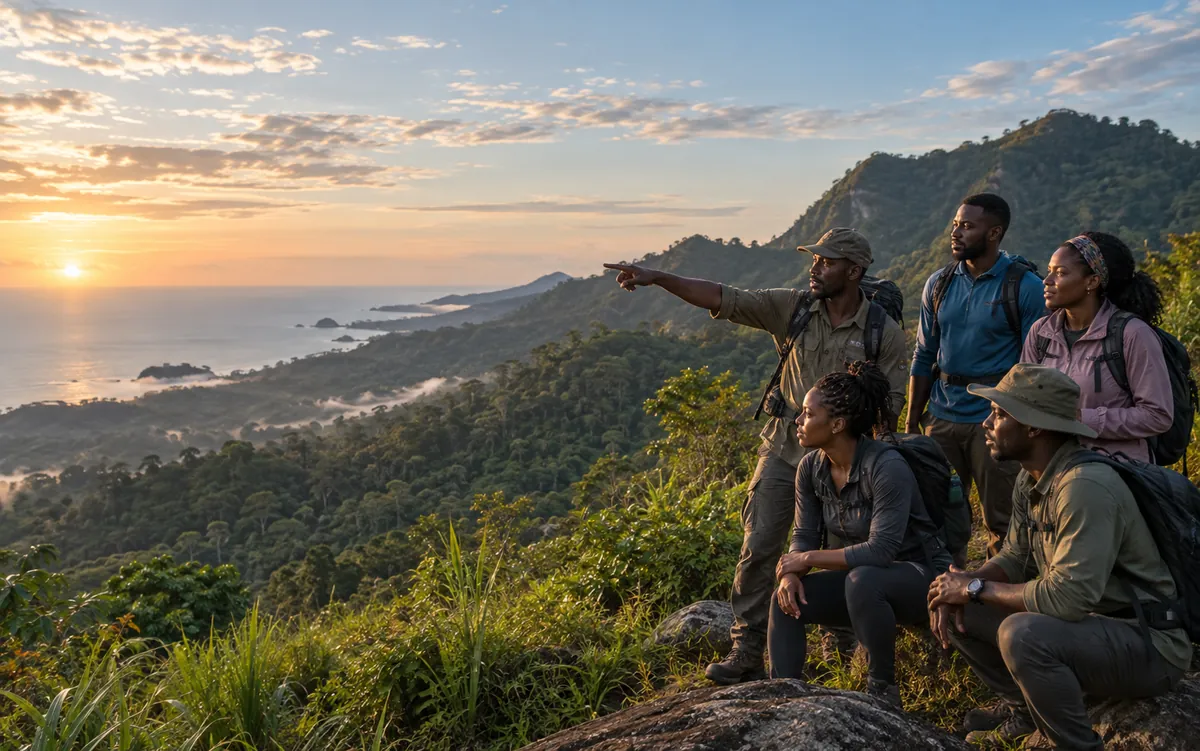 Voyageurs camerounais et leur guide face à la côte et aux hauts plateaux