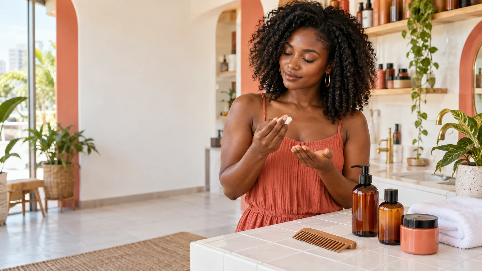 Cliente appliquant une crème pour boucles à côté de ses produits de soin