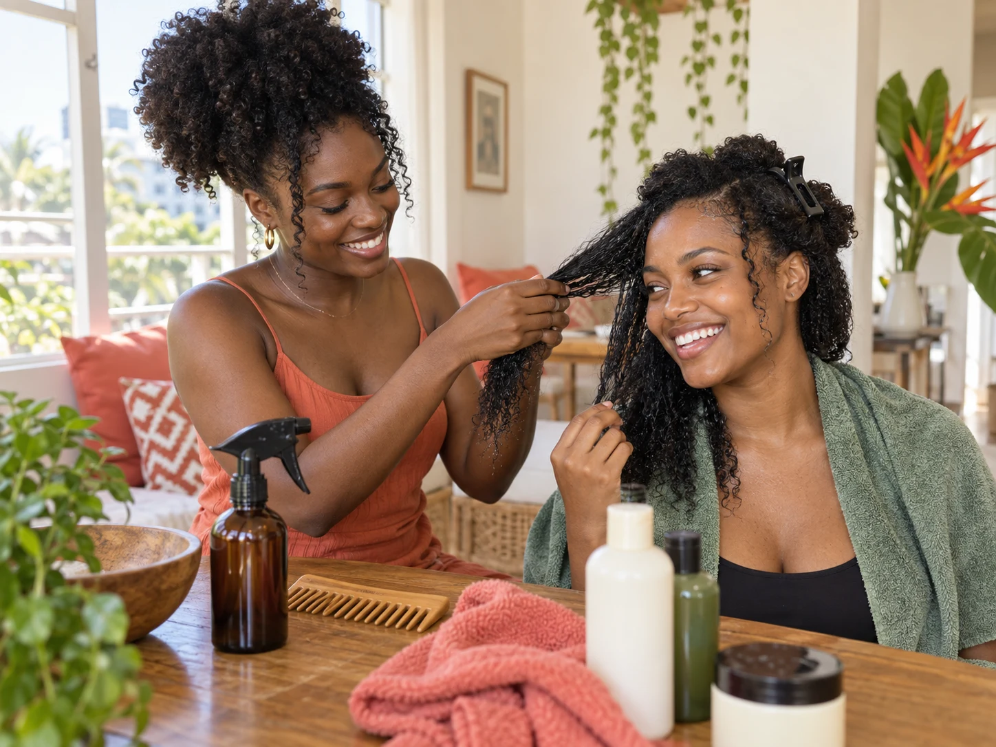 Deux amies démêlant des cheveux texturés pendant le soin