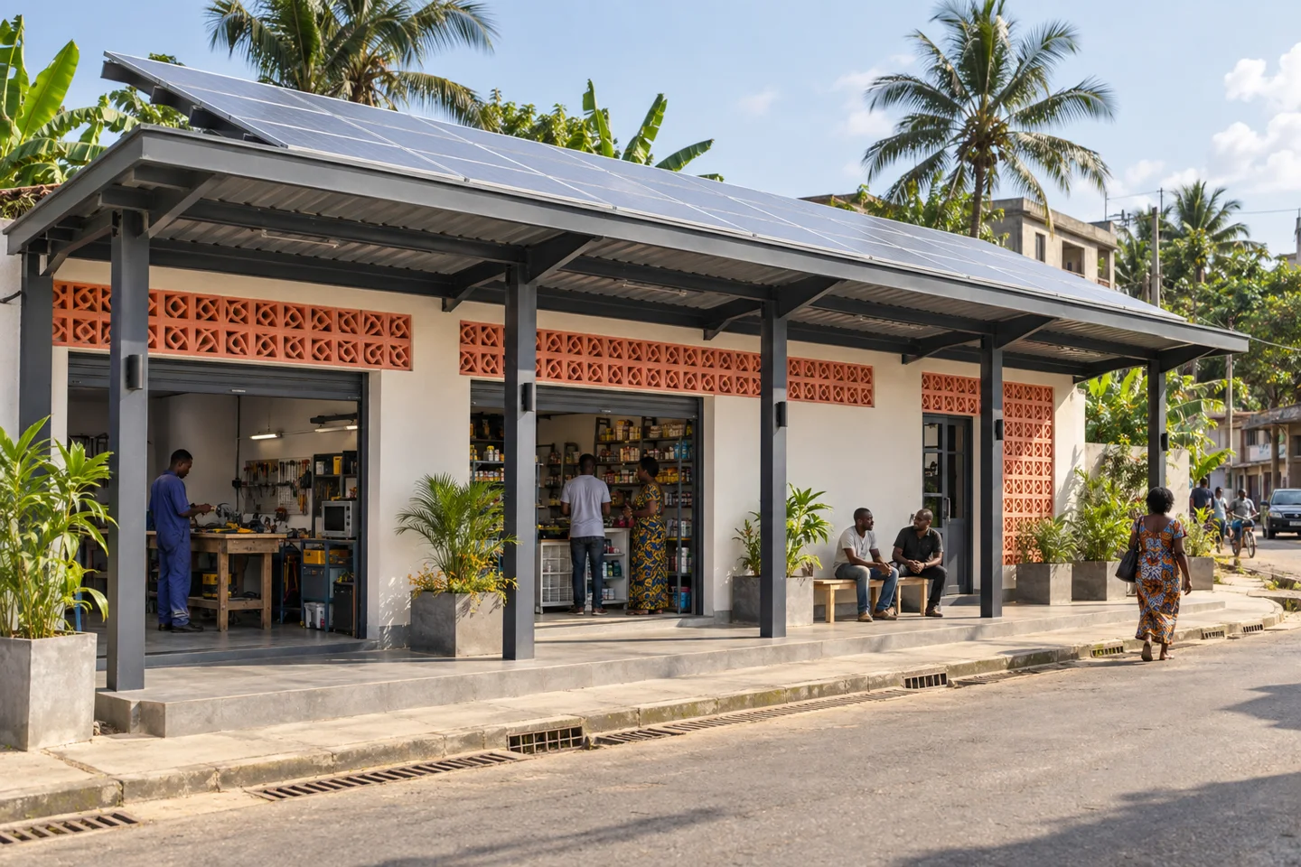 A completed contemporary building with rooftop solar panels