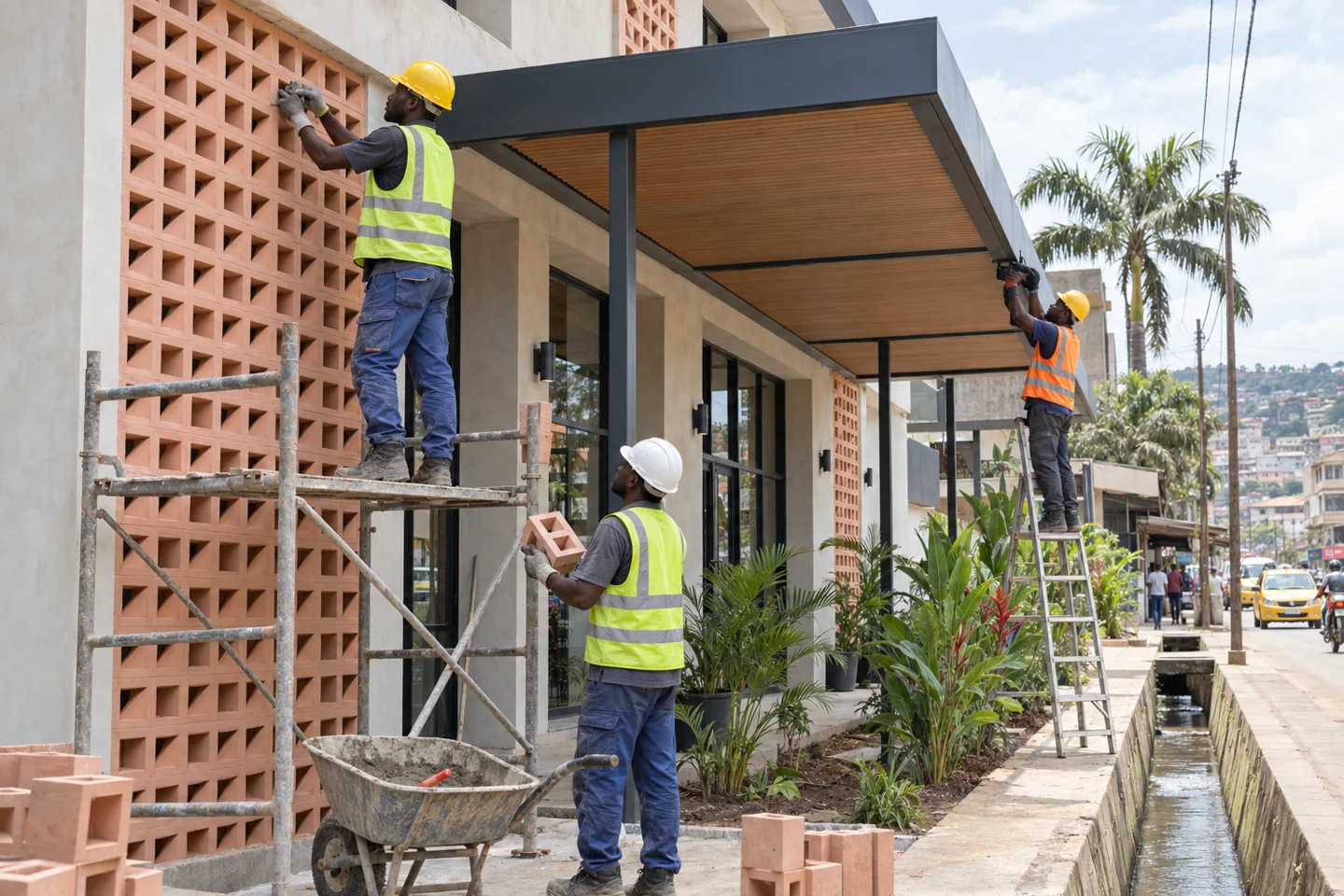 A site engineer reviews residential construction with two builders