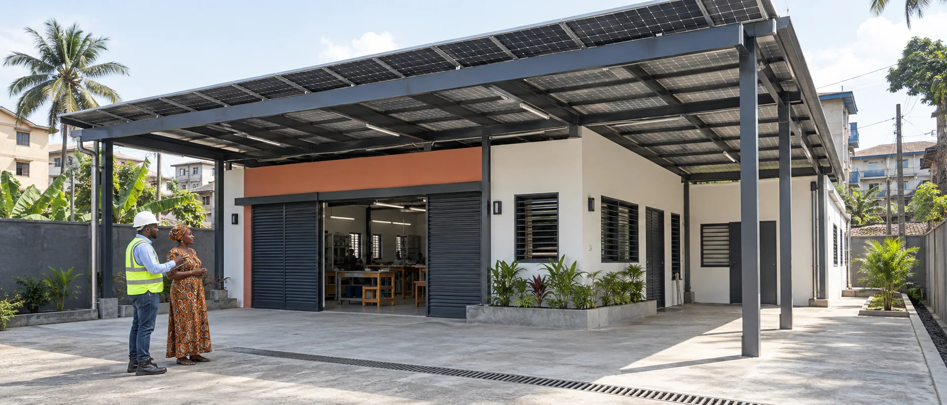 A Cameroonian site engineer and workshop owner review a completed solar canopy