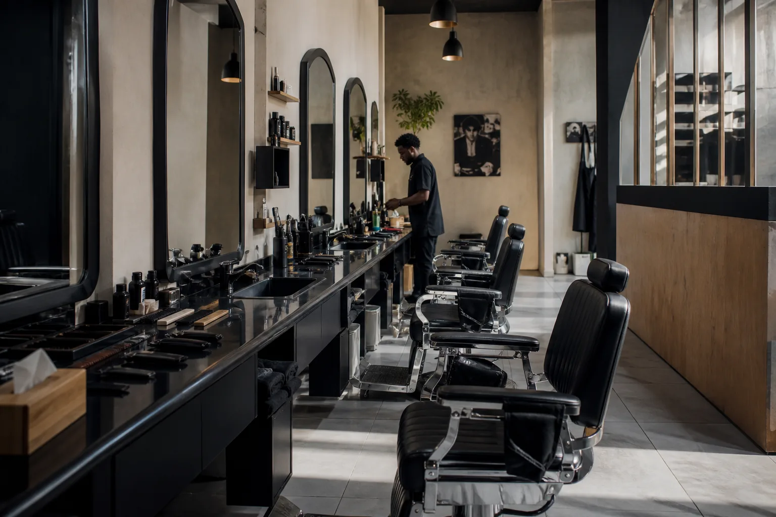 Grooming stations and chairs inside the studio