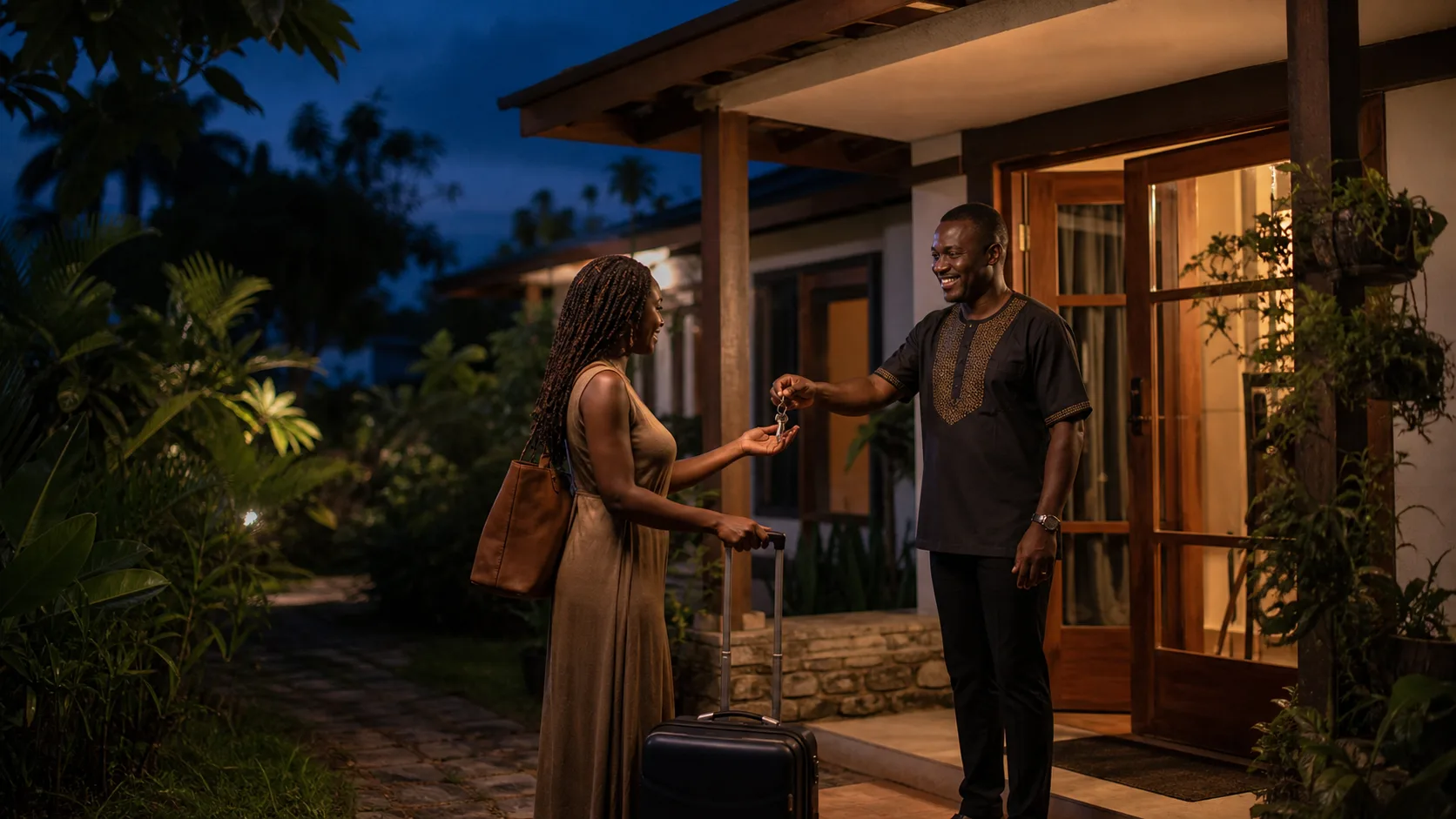 A Cameroon guest-house host handing a room key to an arriving guest at blue hour
