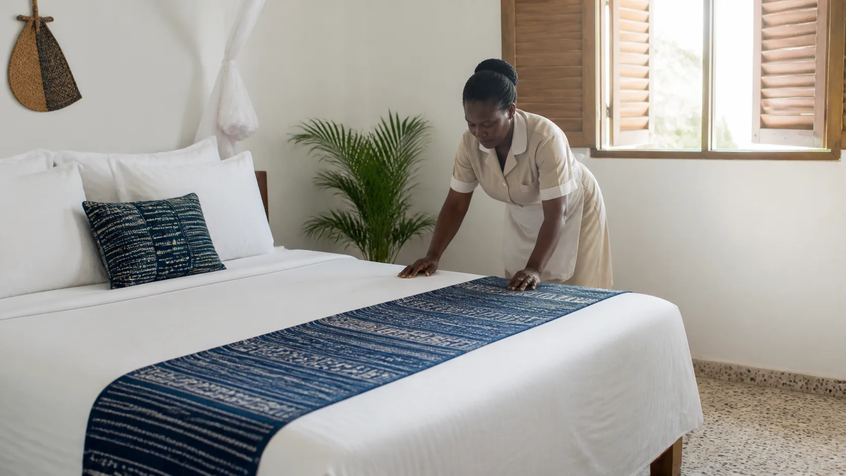 Une gouvernante camerounaise prépare une chambre d’hôtes indigo