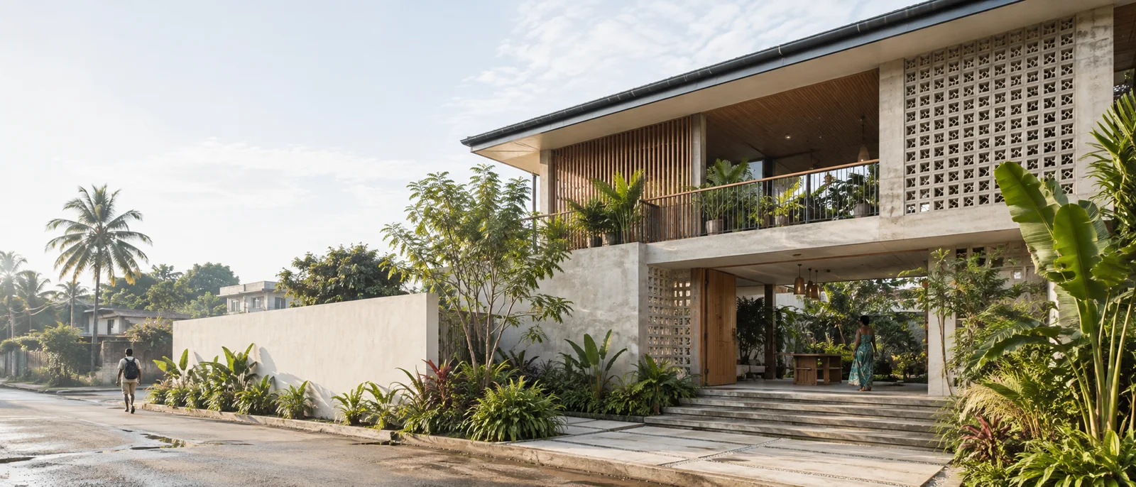 Une maison du littoral avec une façade en claustra et un jardin tropical
