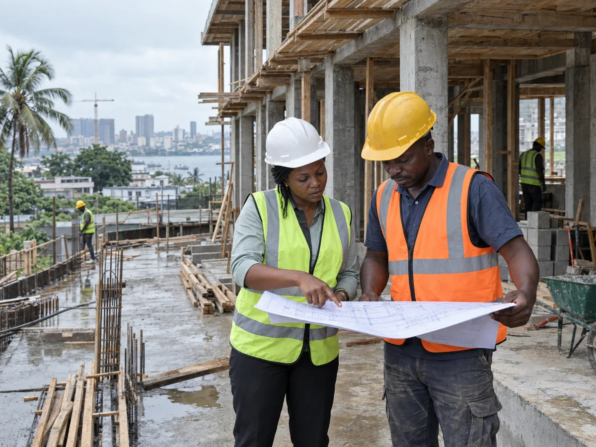Architecte camerounaise et chef de chantier examinant un plan sur un chantier sécurisé