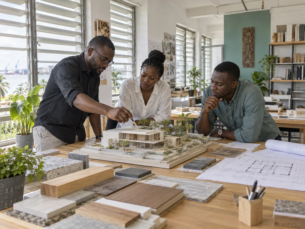 Architectes camerounais examinant une maquette et des échantillons de matériaux