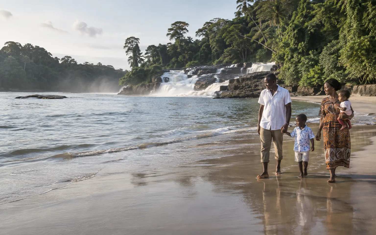 Une famille marchant sur la plage de Kribi, là où les chutes de la Lobé rejoignent la mer