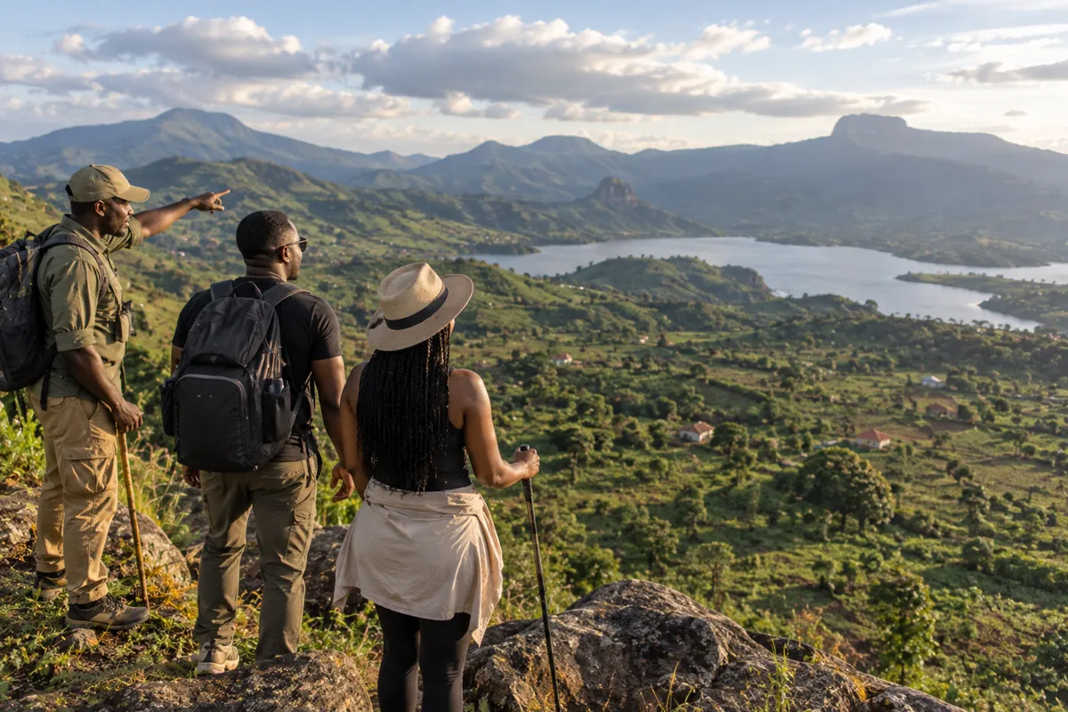 Voyageurs et leur guide contemplant les hauts plateaux