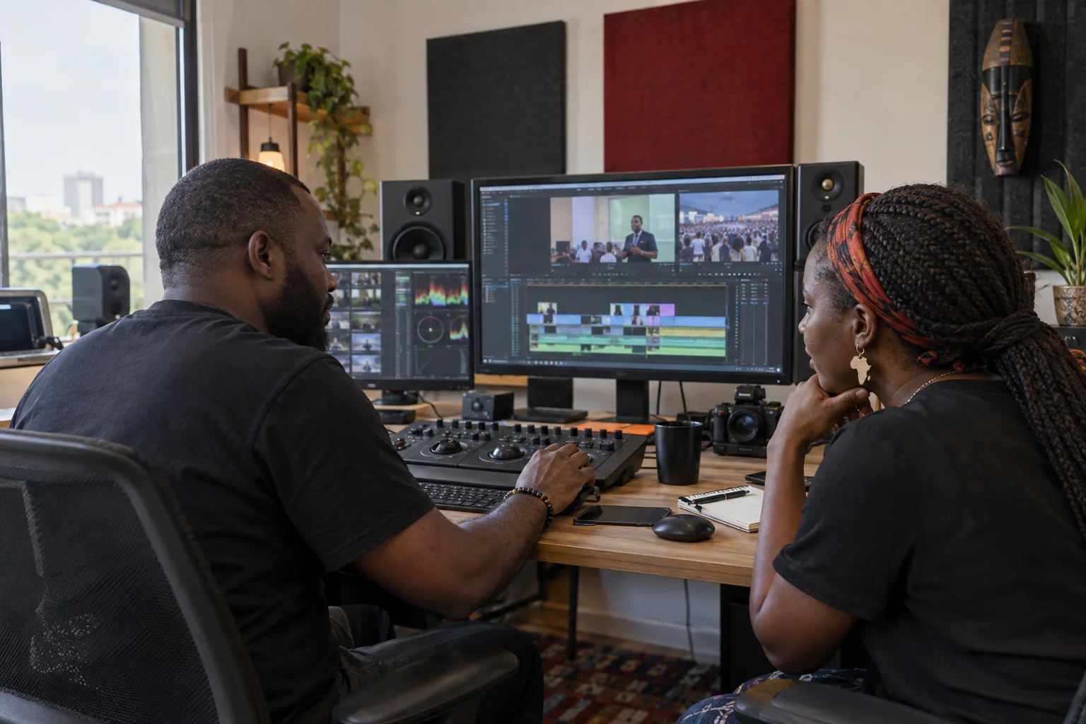 Video editor working in a post-production suite