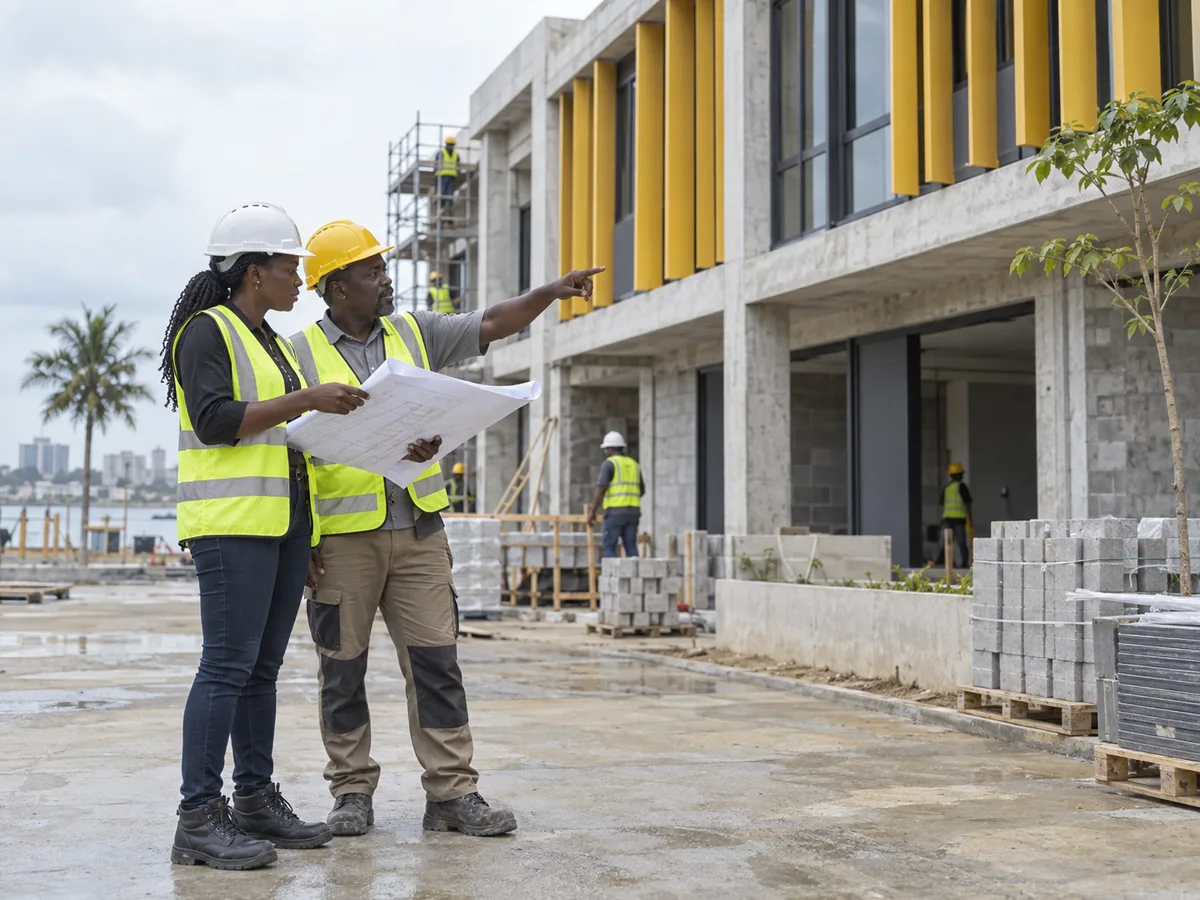 Cameroonian architect and foreperson reviewing facade work on a safe building site