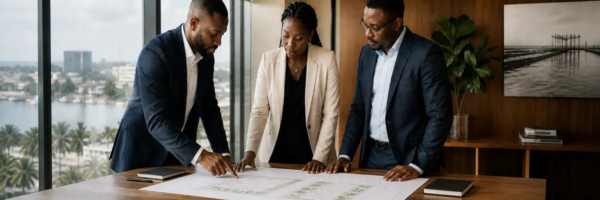 Trois conseillers examinent un plan stratégique à Douala