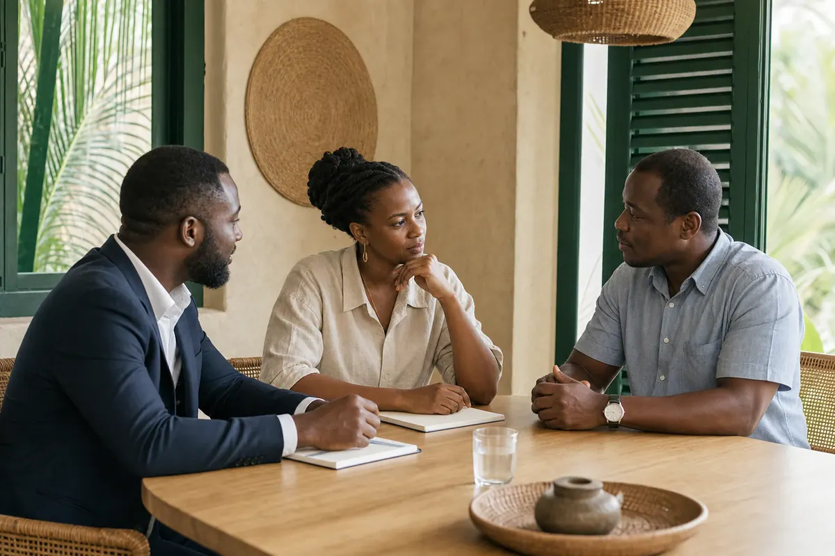 Un conseiller en réunion avec un client à Douala