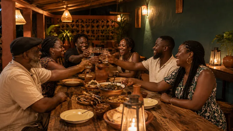 Des amis à table, verres levés