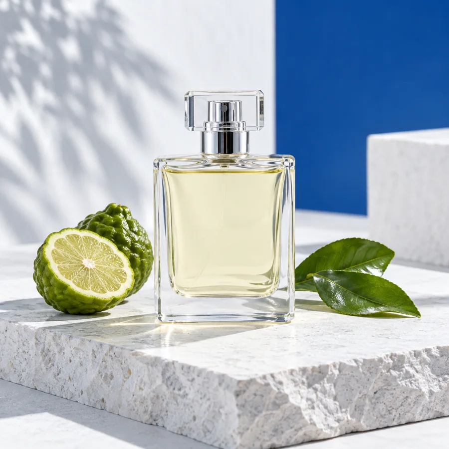 Flacon de parfum hespéridé avec une bergamote