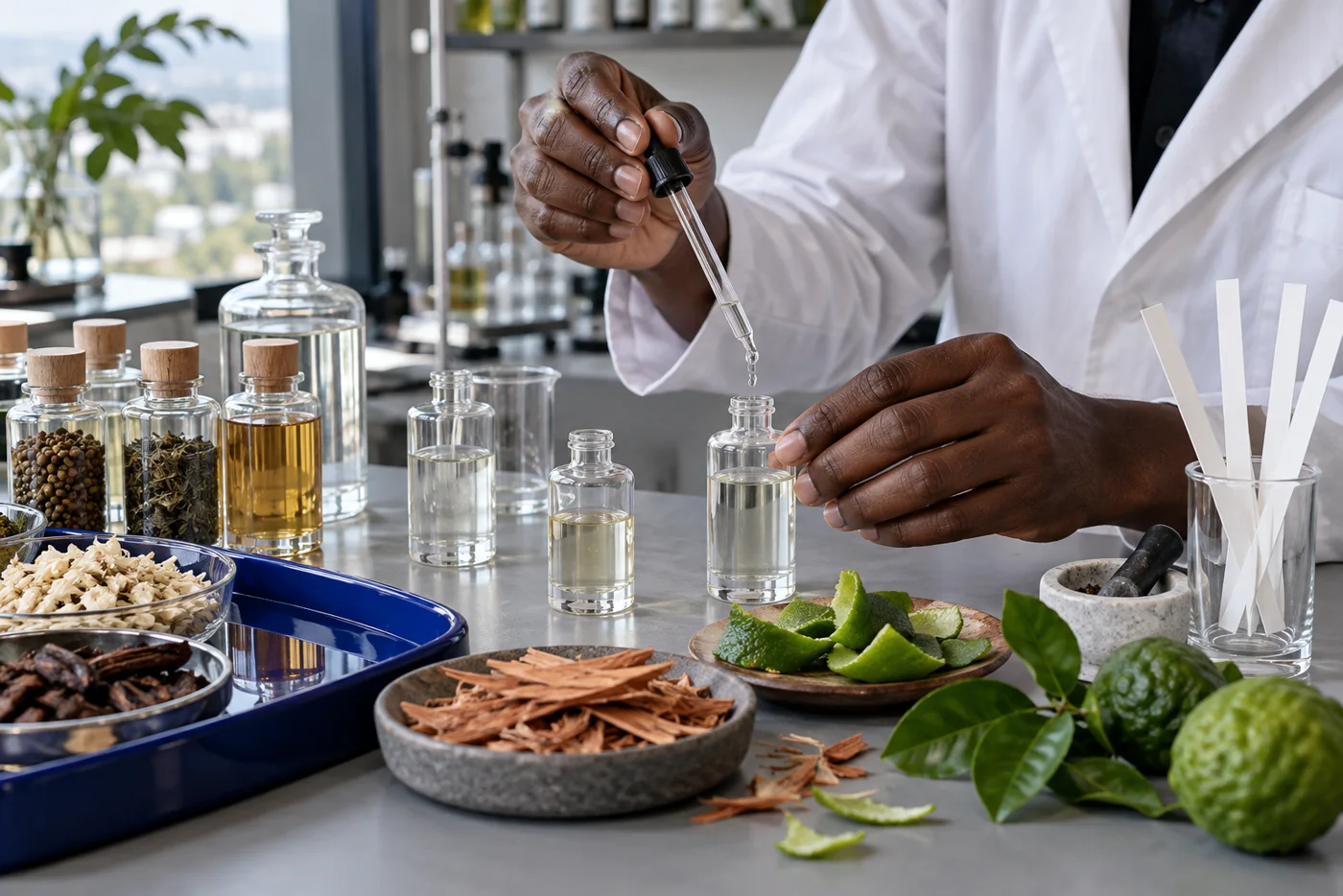 Parfumeur dosant des matières premières dans un laboratoire lumineux