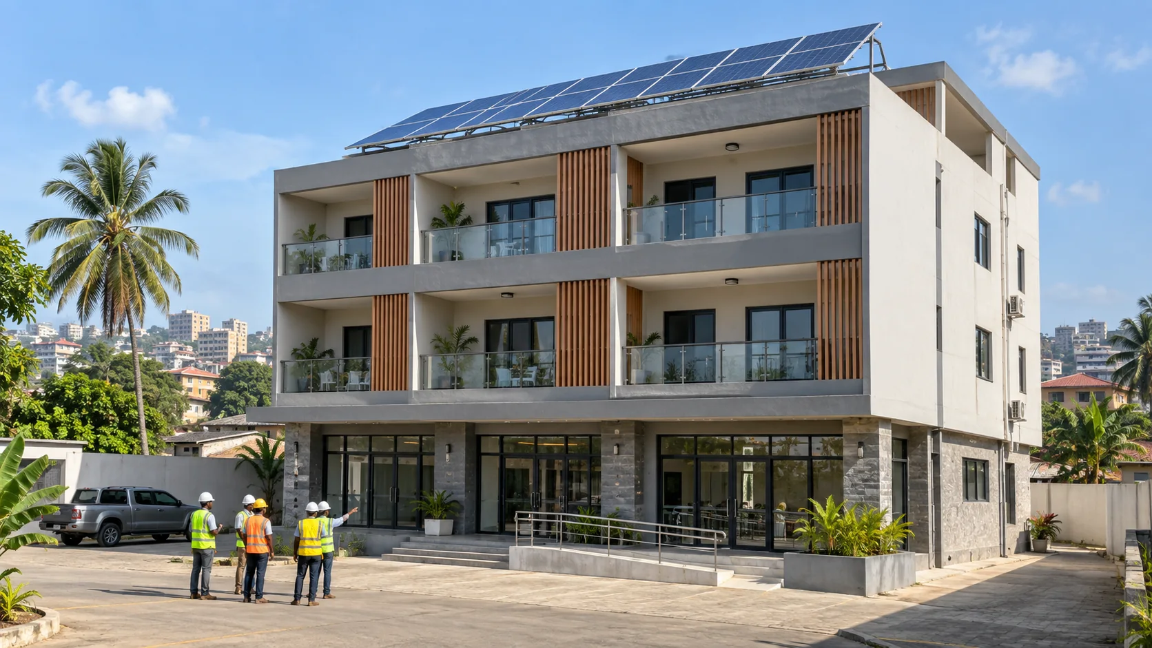 Un bâtiment contemporain achevé avec des panneaux solaires en toiture