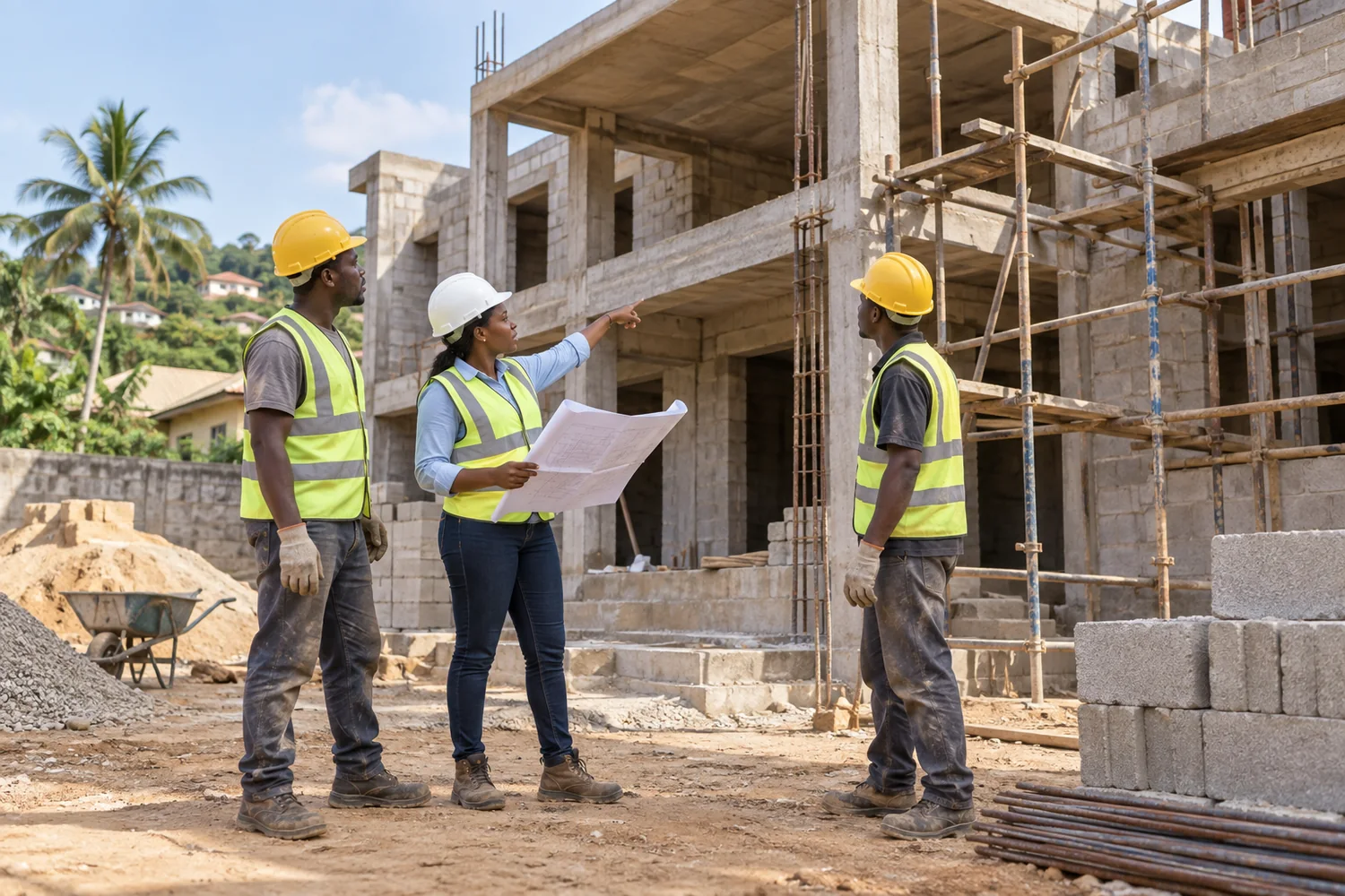Une ingénieure de chantier examine une construction résidentielle avec deux ouvriers
