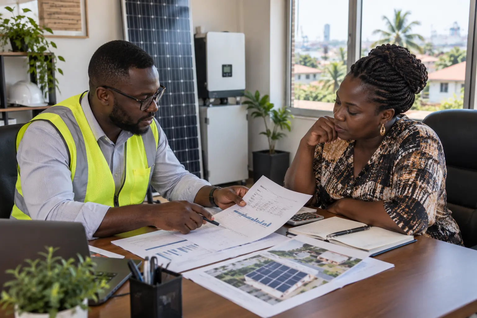 An energy adviser going through a client’s bills and plans