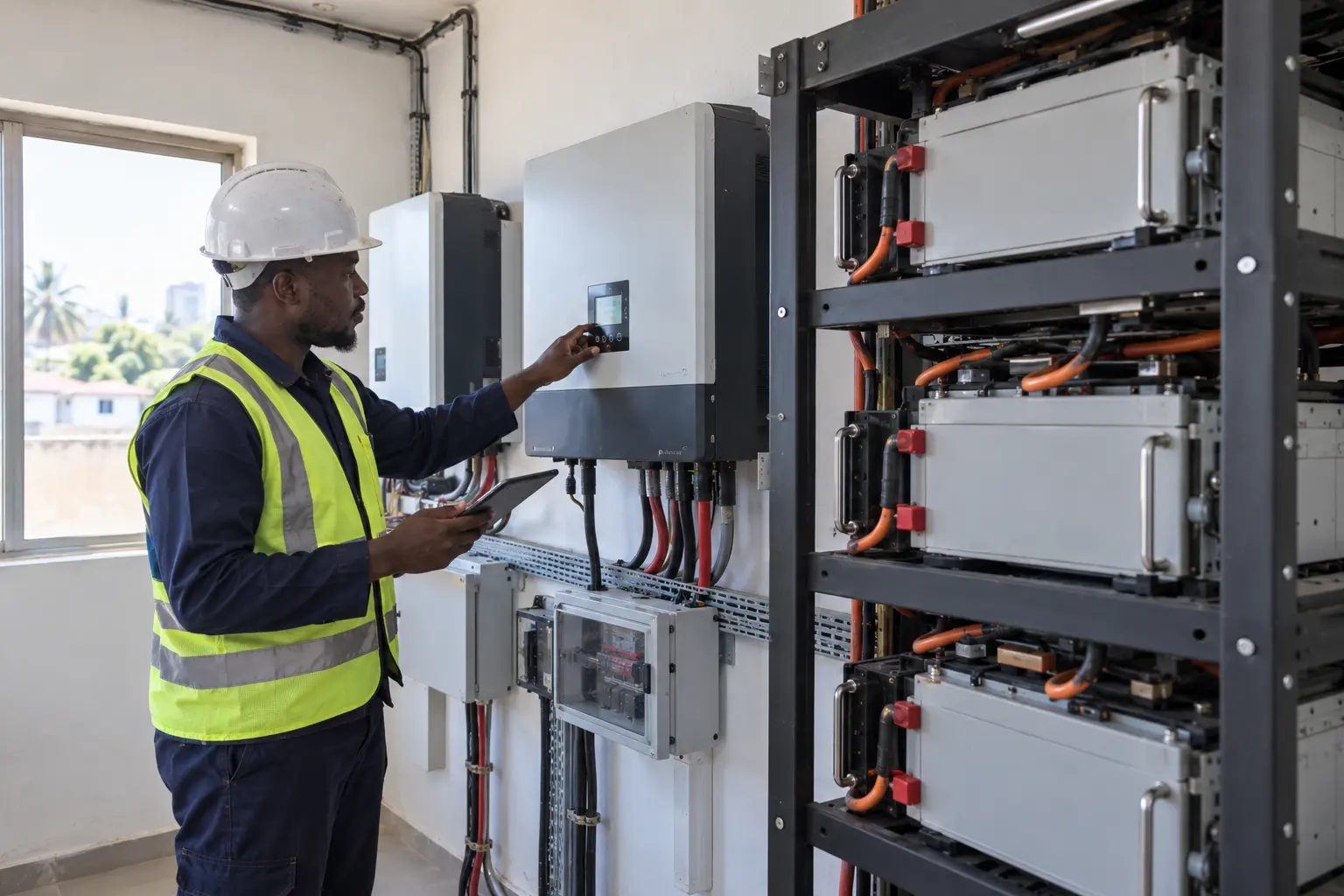 A technician checking a battery bank and its inverter