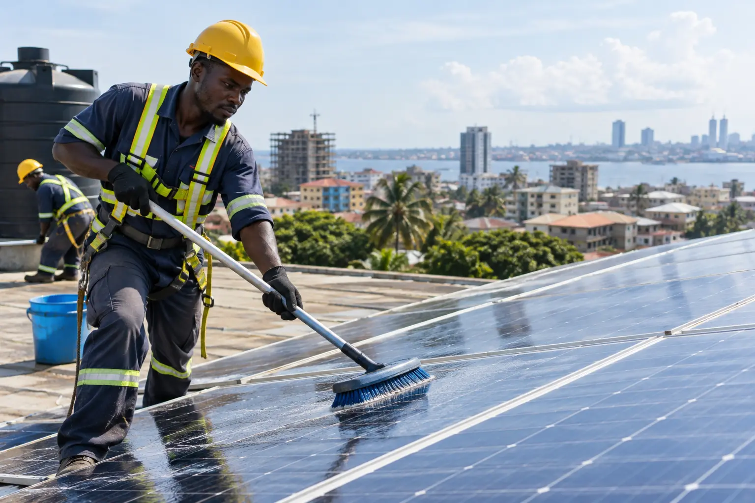 A technician cleaning solar panels above the city