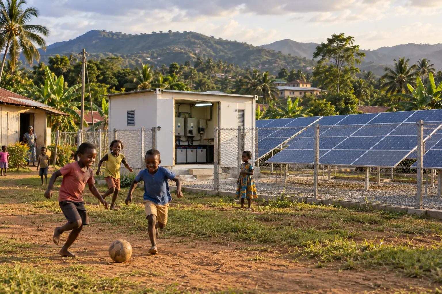 A solar mini-grid powering a village while children play nearby