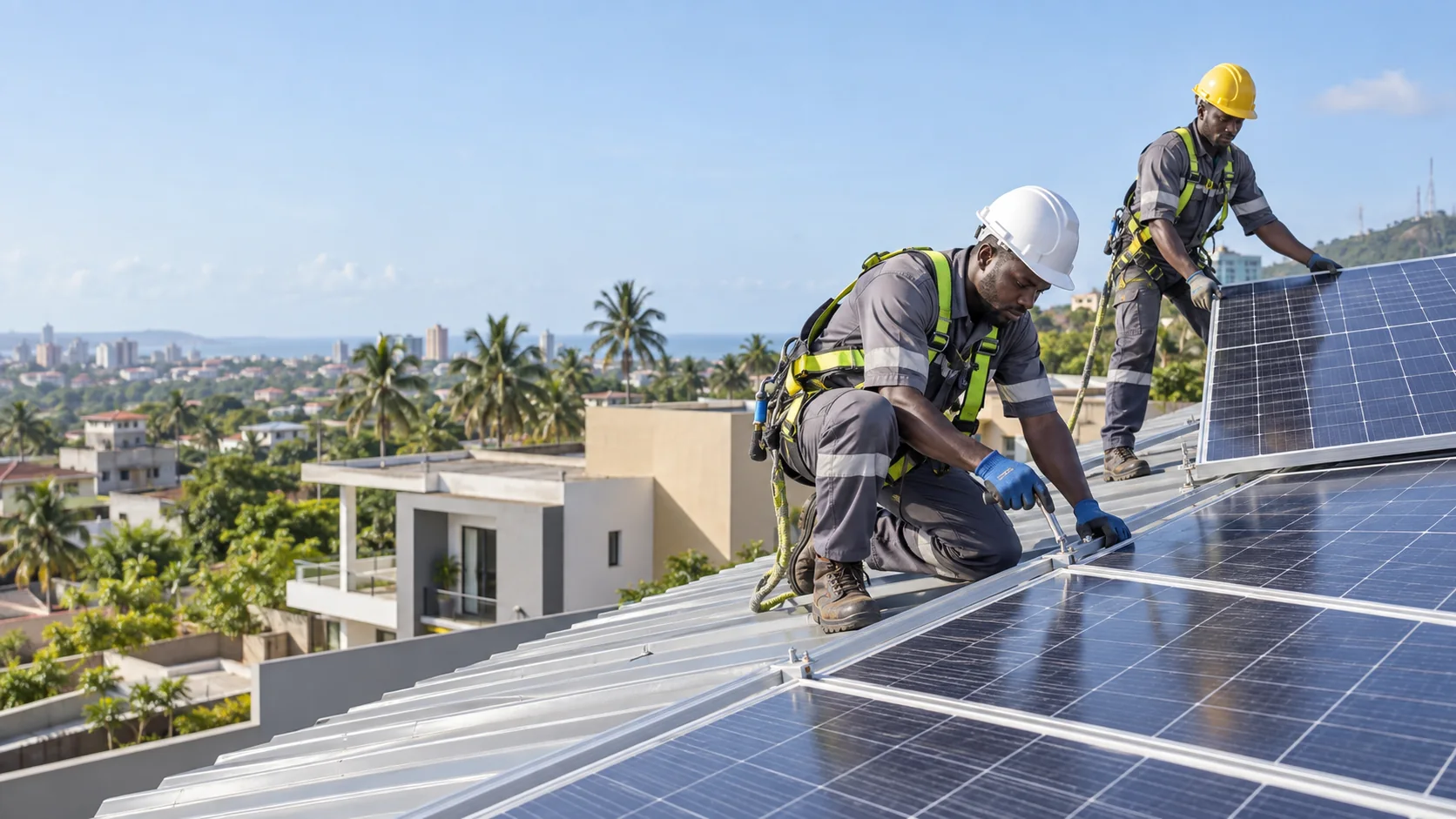 Deux installateurs équipés en sécurité posent des panneaux solaires au Cameroun