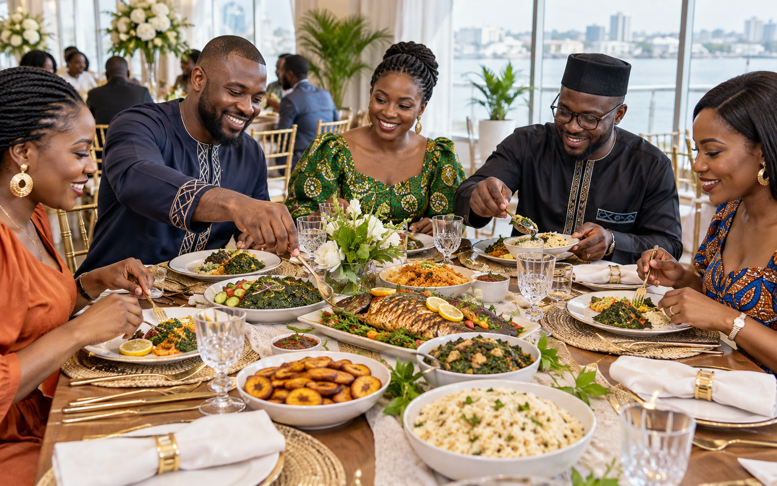 Guests sharing a Cameroon-inspired catered meal in Douala