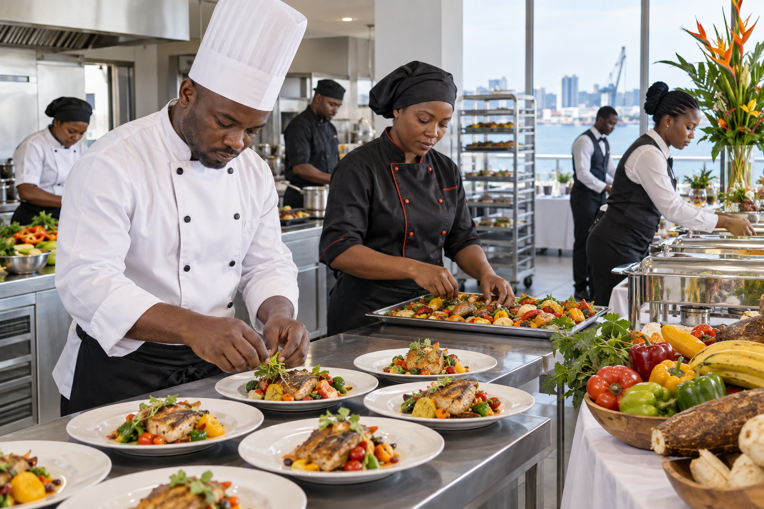 Cameroonian catering chefs preparing plated food