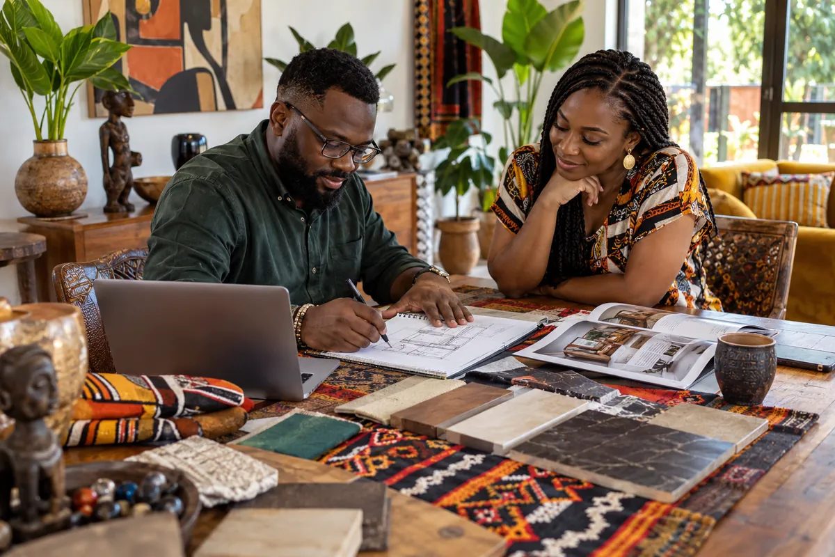 A designer sketching a room plan with a client