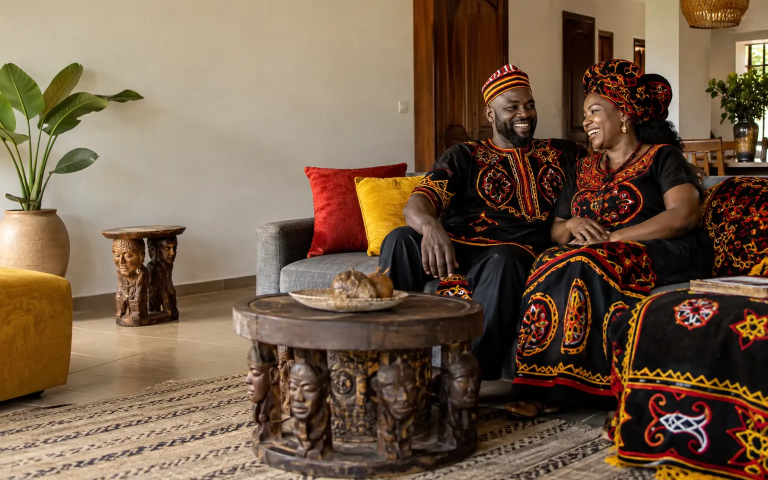 A colourful living room with carved wood and bold textiles