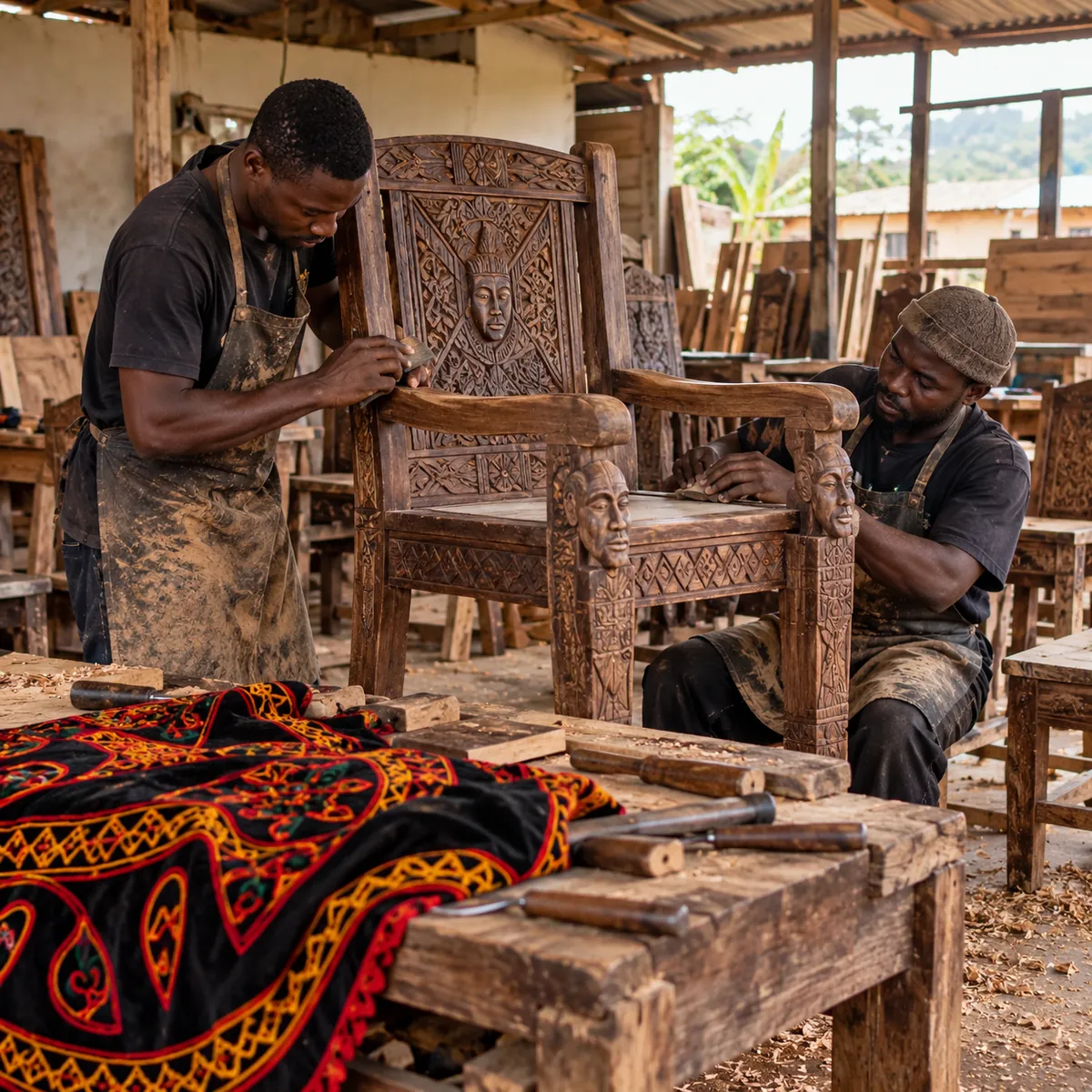 Makers finishing a carved wooden chair in the workshop