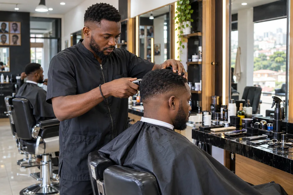 Un barbier prend soin de son client dans un salon camerounais