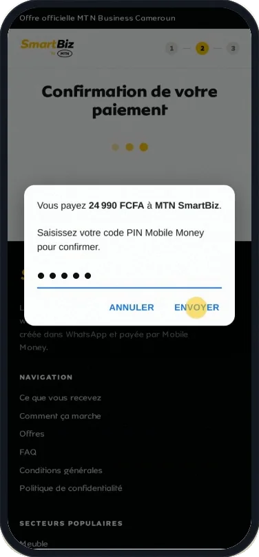 L’écran de confirmation du paiement MoMo