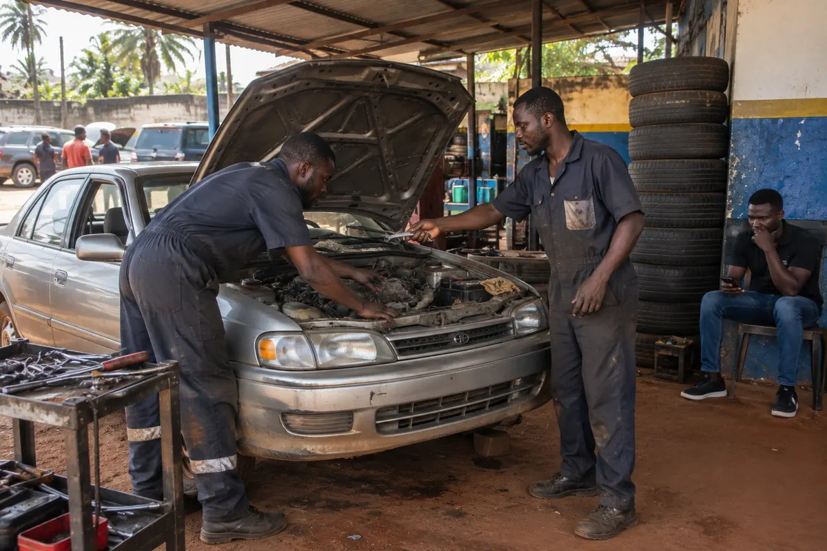 Deux mécaniciens travaillent ensemble sur une voiture dans leur garage