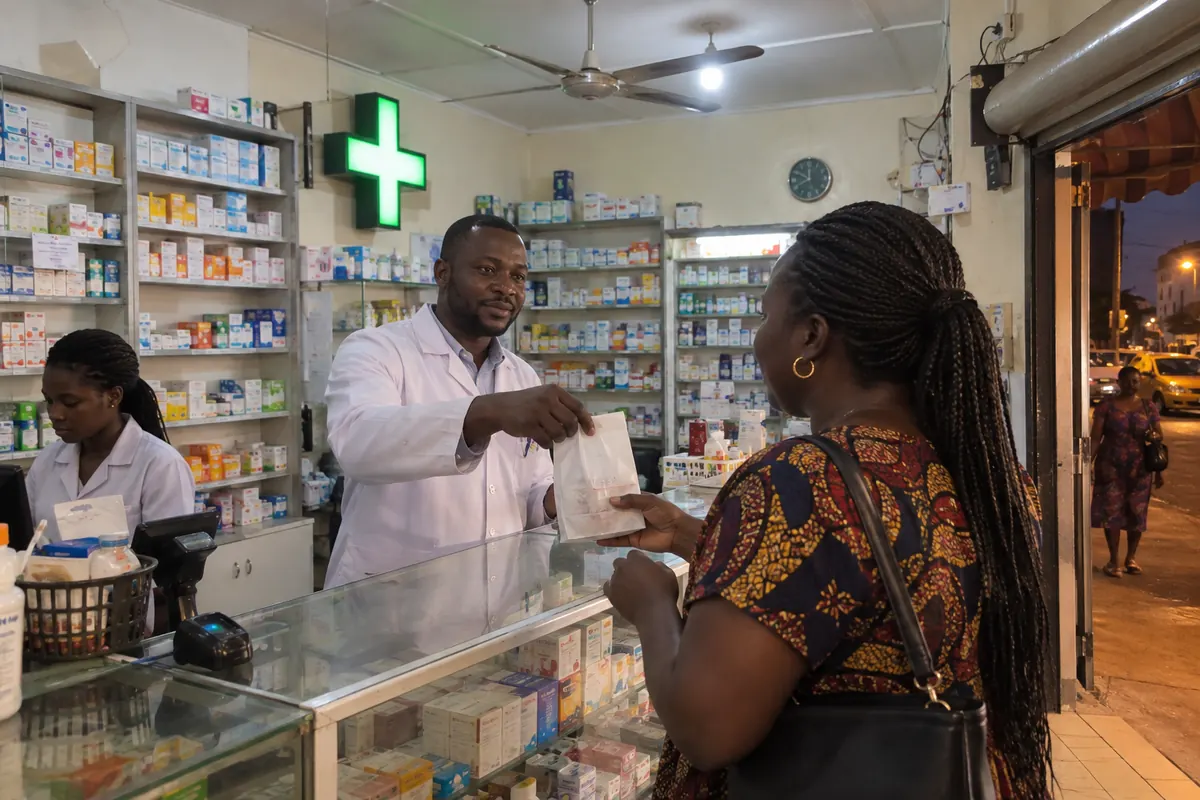 Un pharmacien conseille une cliente au comptoir