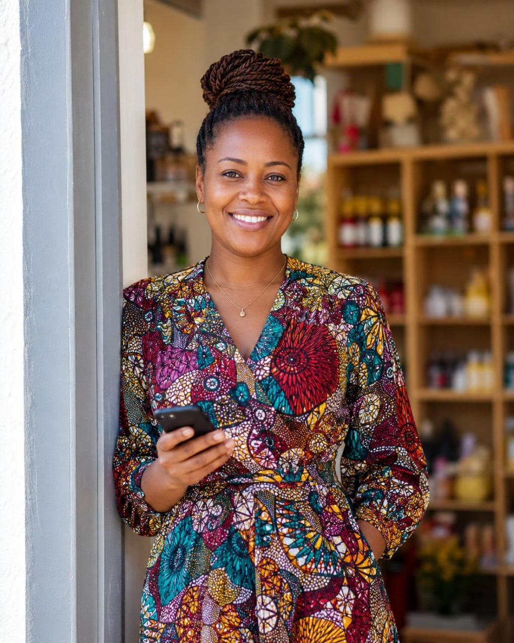 Shop owner standing in her doorway with a smartphone