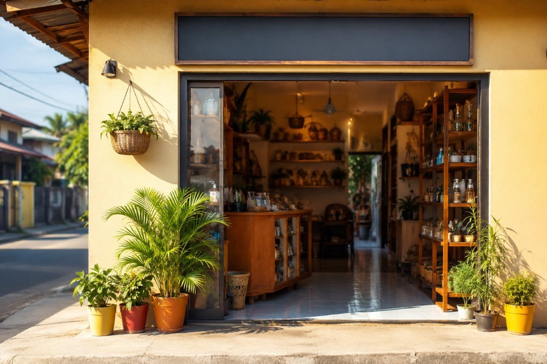 Welcoming local storefront with products displayed inside