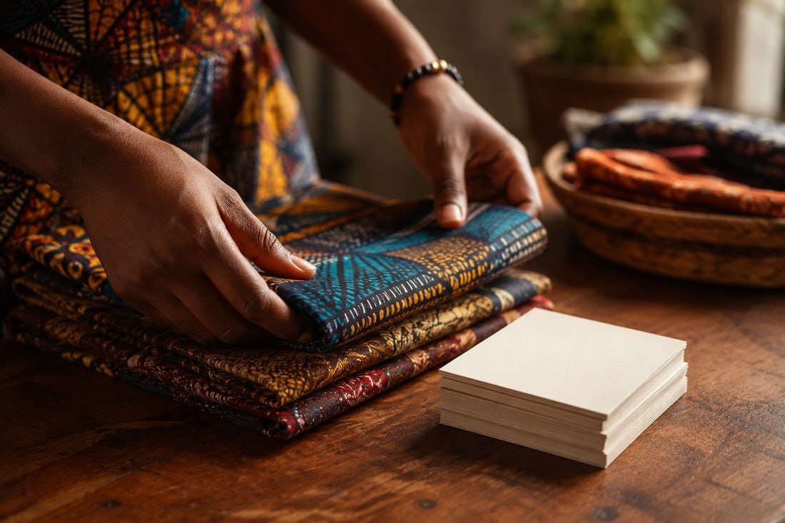 Patterned fabrics being prepared beside a stack of business cards
