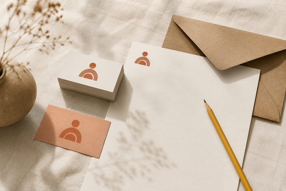 Coordinated business cards, letterhead and envelope for a local brand