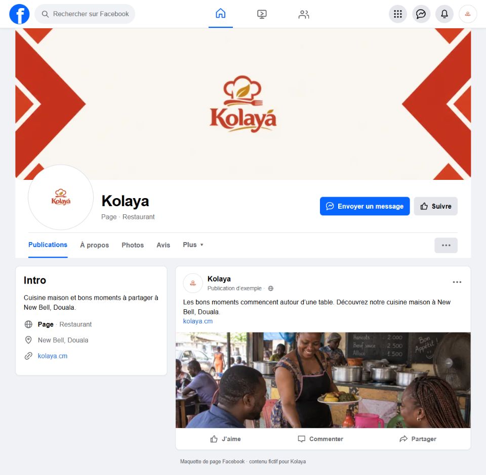 Maquette de page Facebook Kolaya avec couverture, photo de profil, boutons, onglets et publication fictive