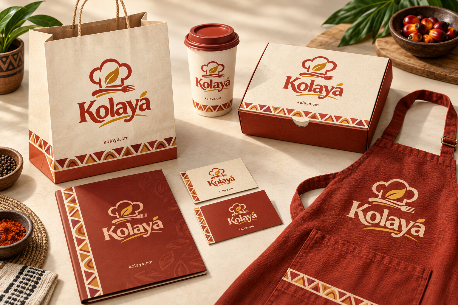 Maquettes de marque Kolaya sur un sac, une boîte à emporter, un gobelet, un menu, des cartes de visite et un tablier