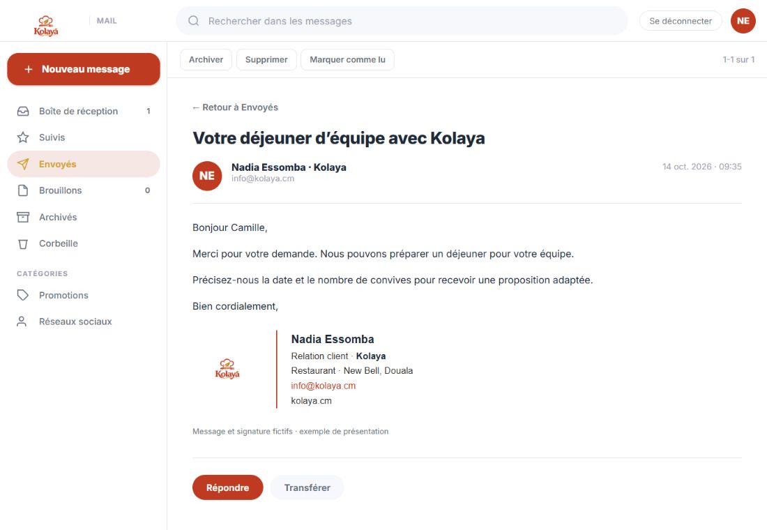 Interface de messagerie MTN SmartBiz avec un email et une signature fictifs pour Kolaya